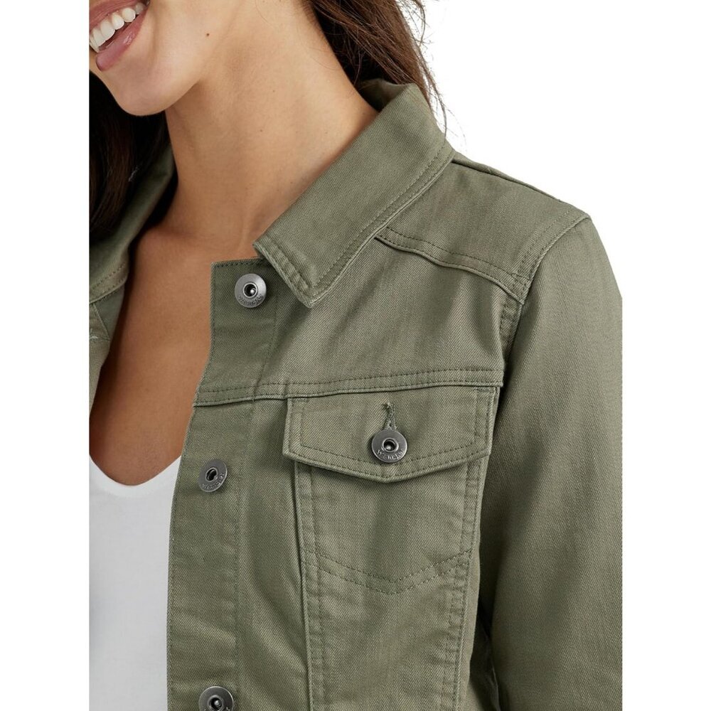 Women's Authentic Stretch Denim Jacket Long Sleeves Olive Classic Jean Jacket - Picture 3 of 4